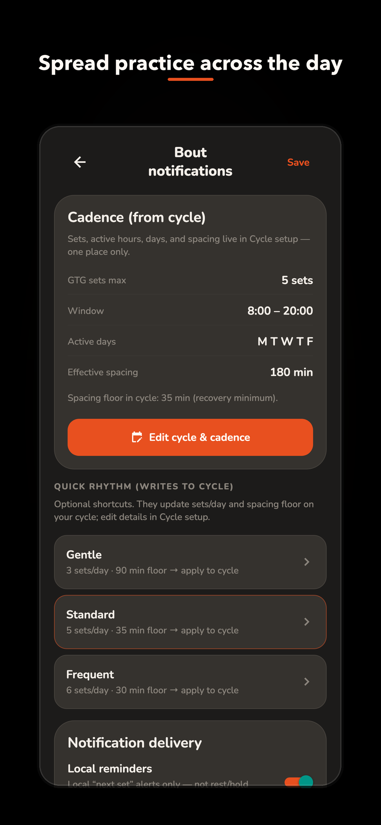 GTG Coach reminder schedule screen