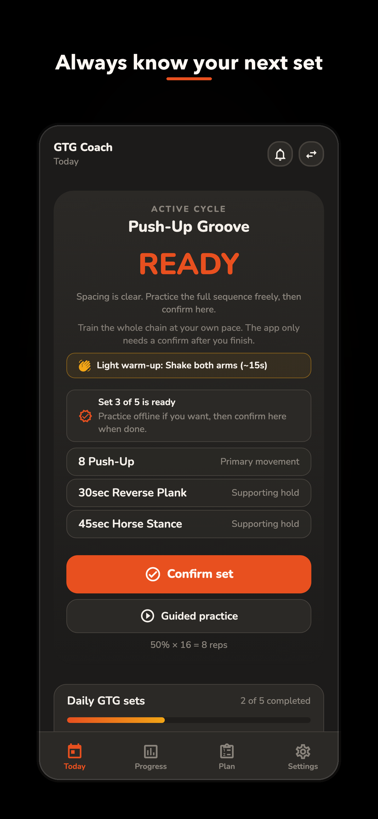 GTG Coach Today screen showing a ready push-up sequence
