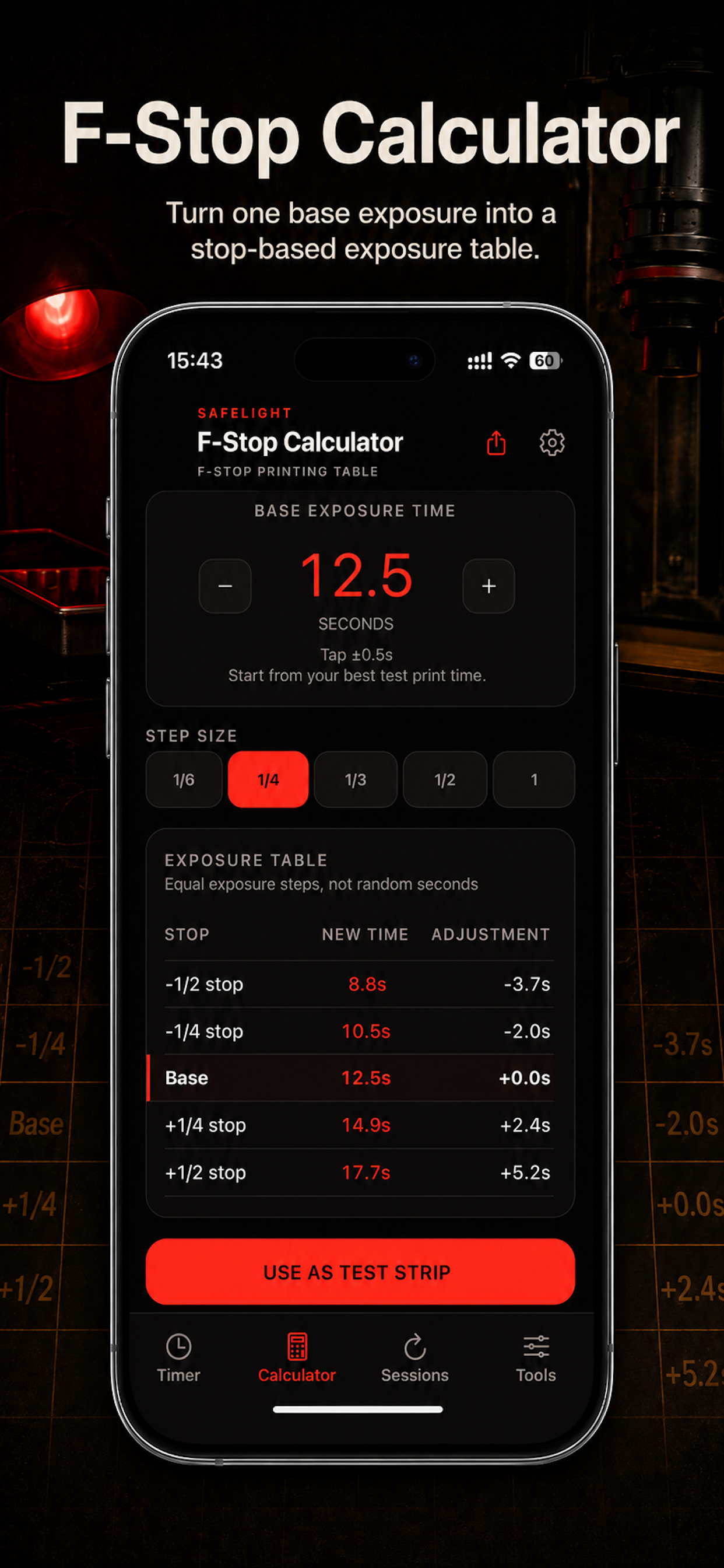 Safelight f-stop print calculator