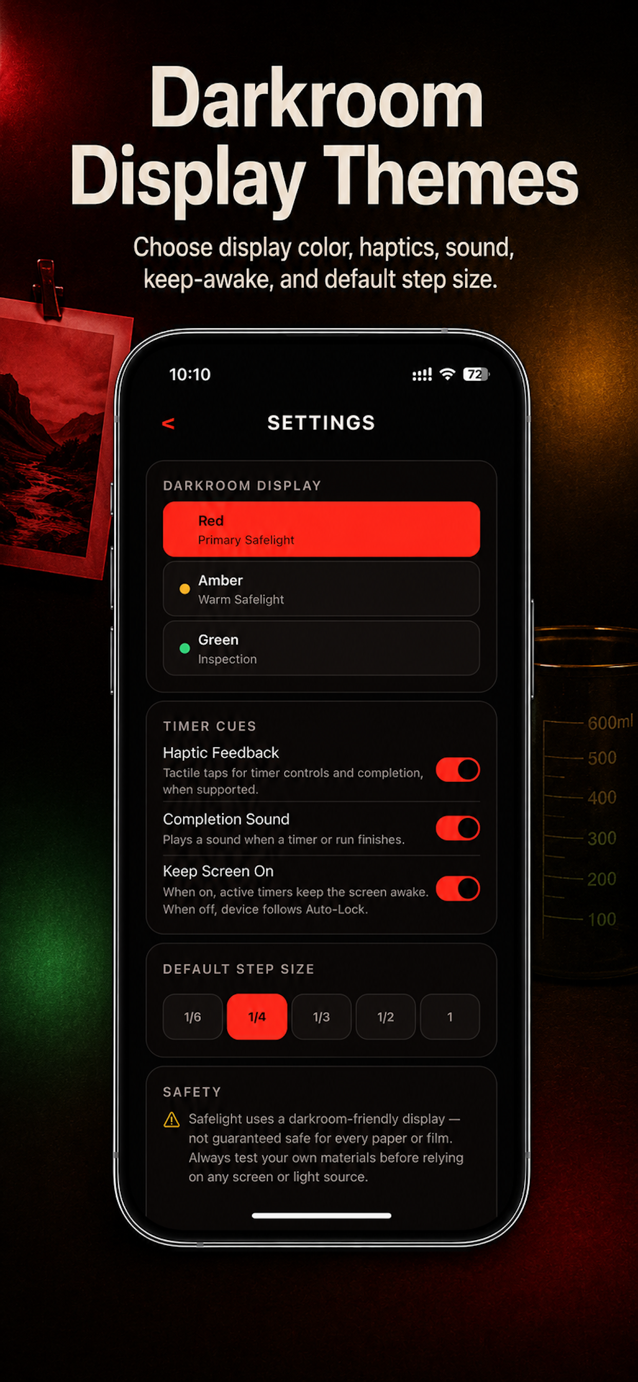Safelight darkroom display themes and settings