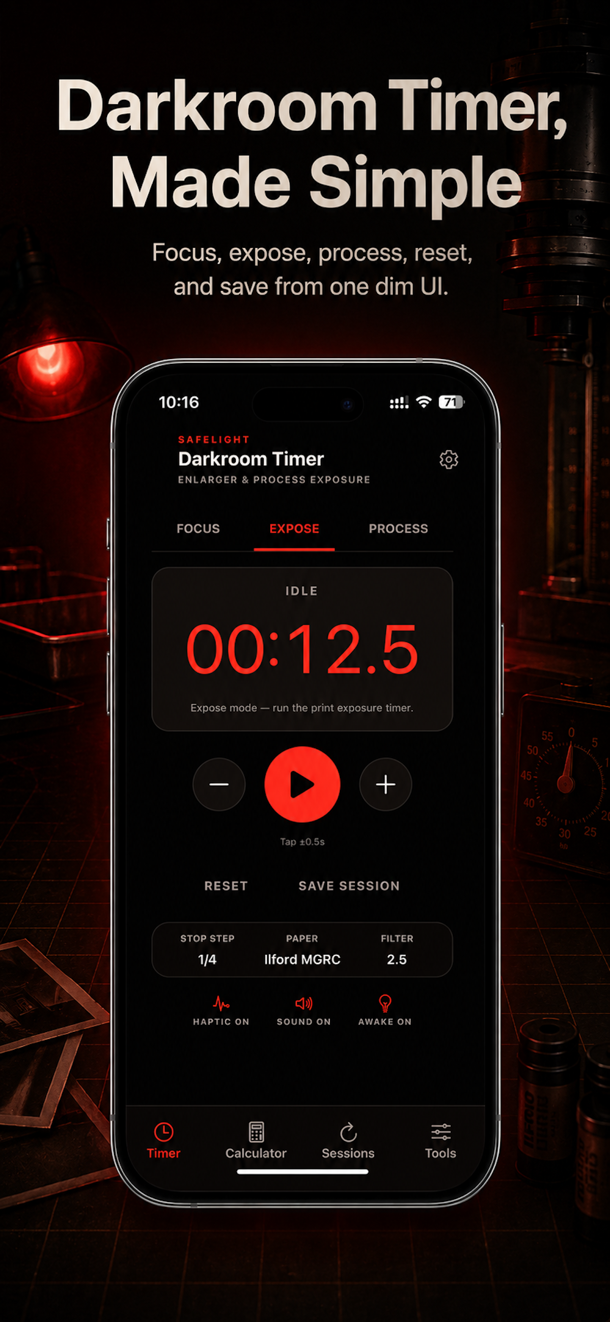 Safelight darkroom timer main screen