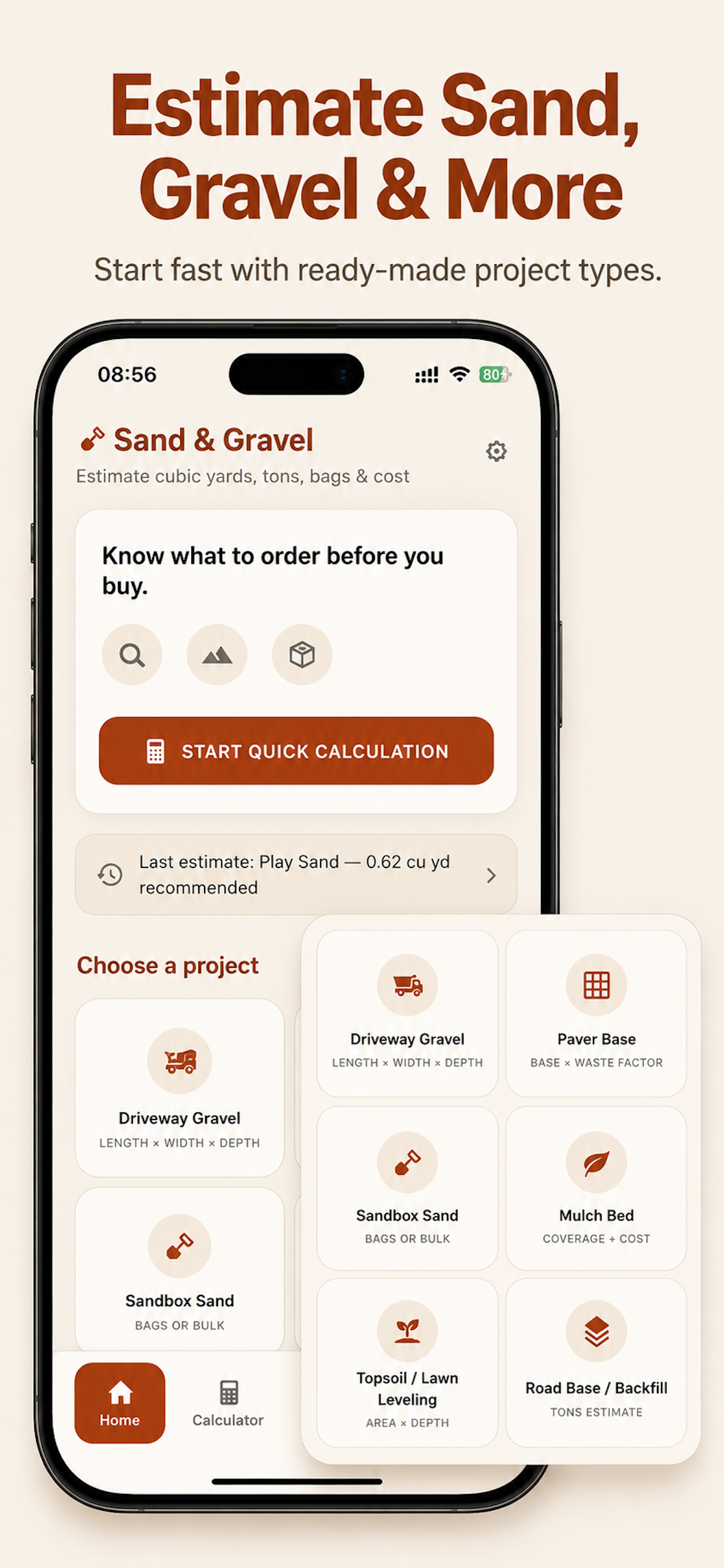 Sand & Gravel Calculator home screen