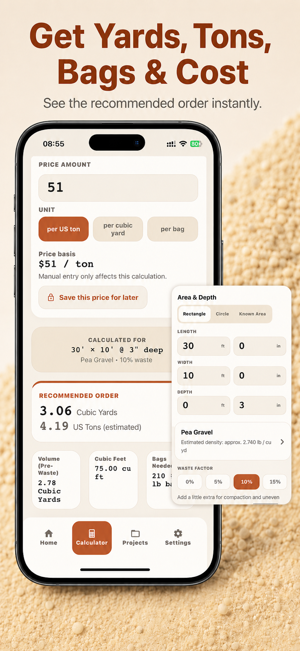 Dimension input and area calculator