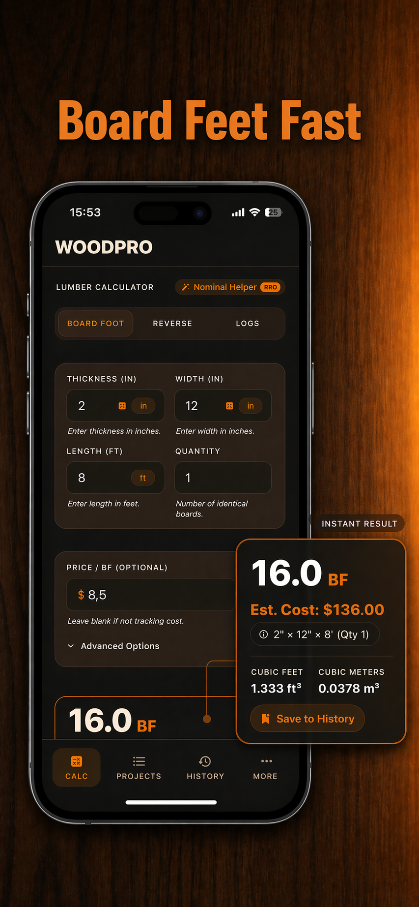 WoodPro core calculator